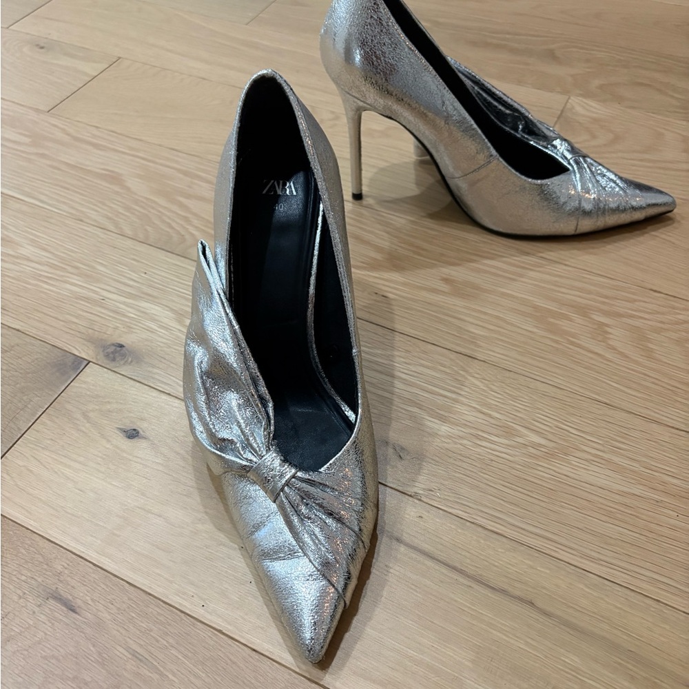 Zara Metallic Silver Stiletto Heels with Bow